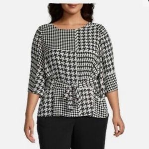 Worthington Houndstooth Pattern Tie-Waisted Blouse Super Flattering! Size Large